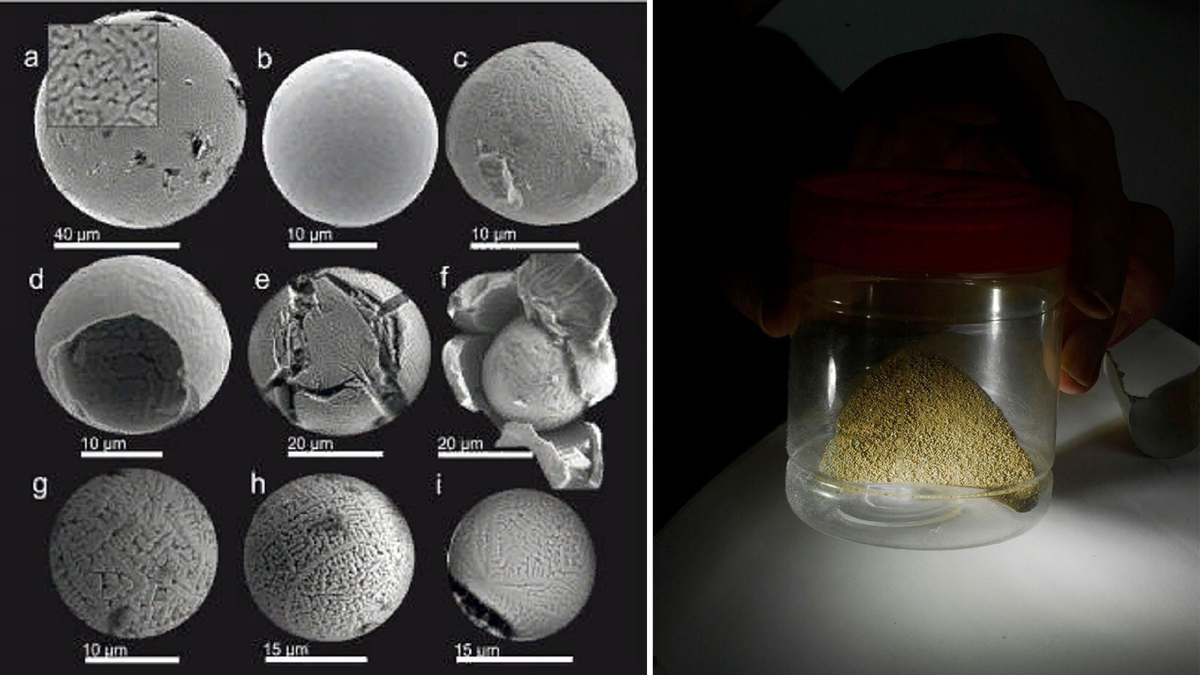 Сферулы оксида железа под электронным микроскопом - типичные микрометеориты, собранные в Центральной Антарктиде (2006). Справа - космическая пыть в сосуде. Источник: ras.ru