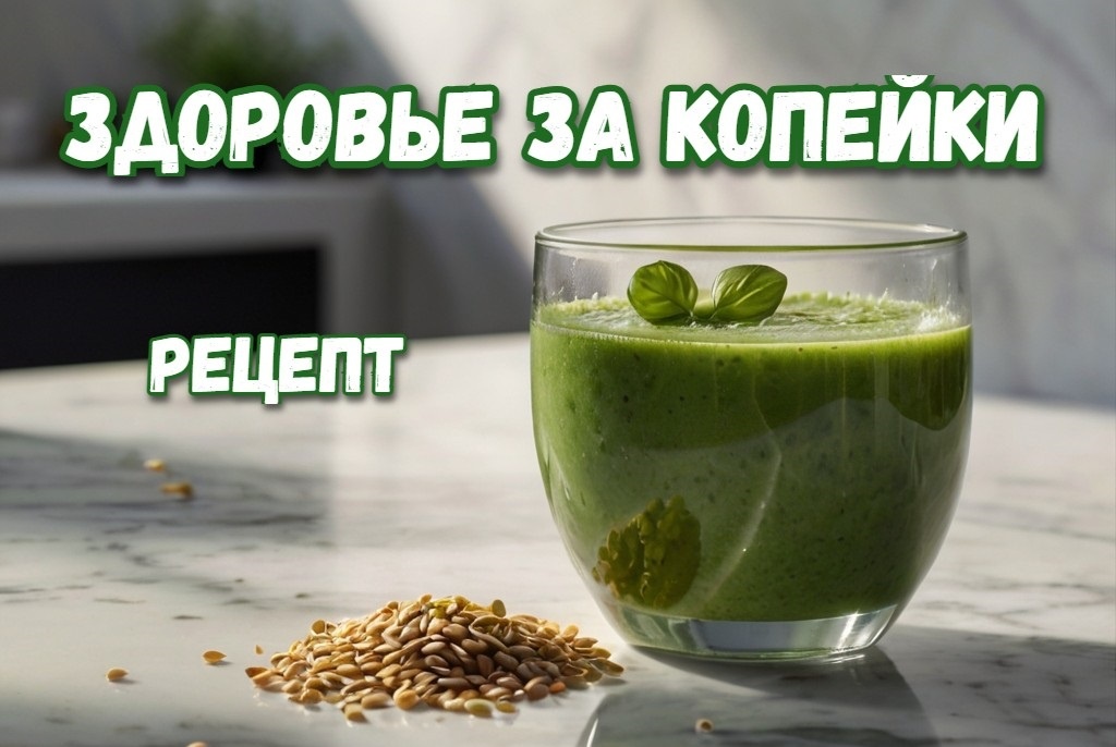 Зелёный смузи и пророщенная пшеница с салатом на мраморном столе современной кухни с панорамными окнами