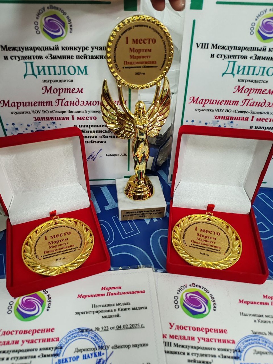 Награды Маринетт Мортем: именной кубок, 2 именные медали и дипломы на VIII Международном конкурсе учащихся и студентов «Зимние пейзажи» за две работы: «Снеговик с ведром на голове», «Зимнее волшебство» ООО «НОУ «Вектор науки», 2025  