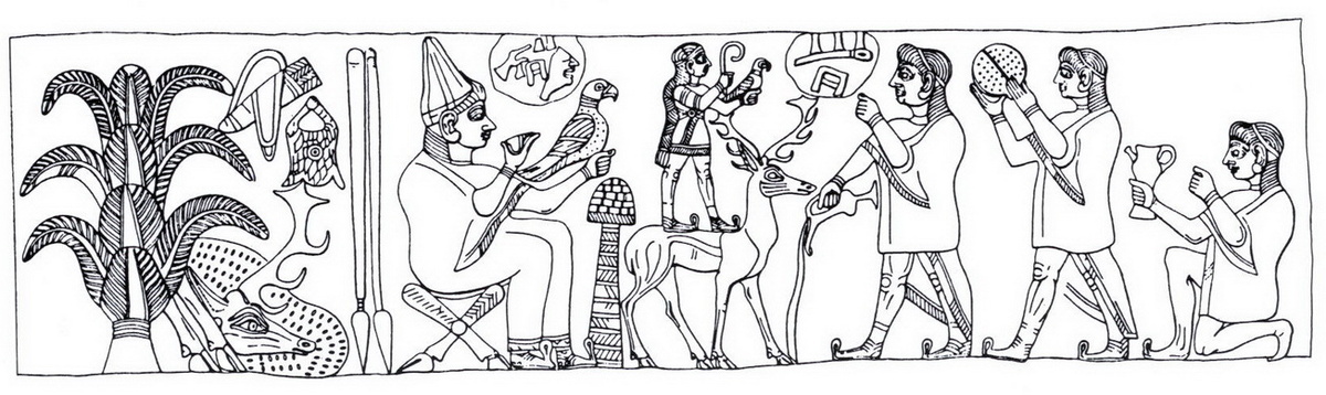 Богиня здесь имеет более позднее имя Ала, она  считалась спутницей бога охоты. Прорисовка оленьего ритона из коллекции Норберта Шиммеля. Музей Метрополитен.