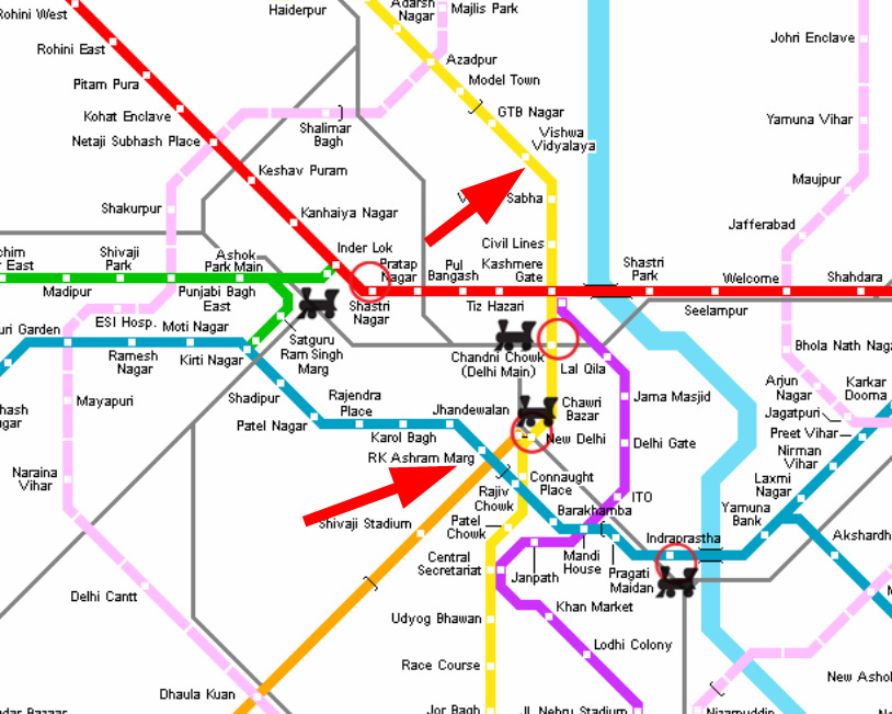 Стрелочками указаны станция метро возле Мейн-базара и станция возле Тибетского квартала