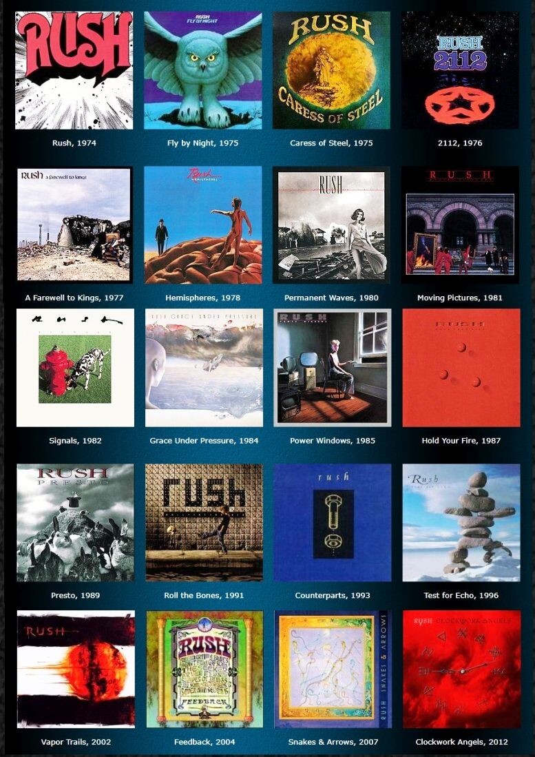 Все 20 студийных альбомов Rush, записанных группой с 1974 по 2012 гг.