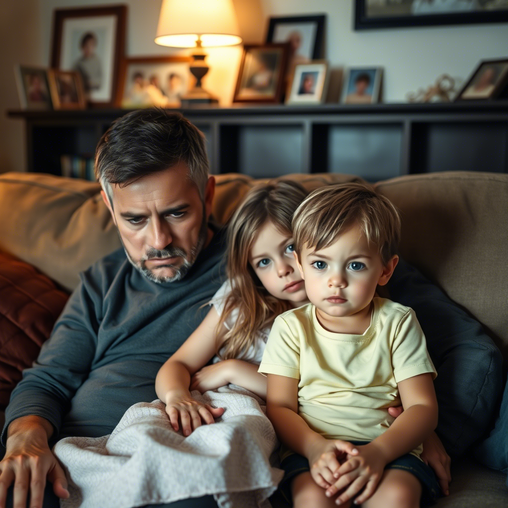 Расстроенный отец с детьми. 