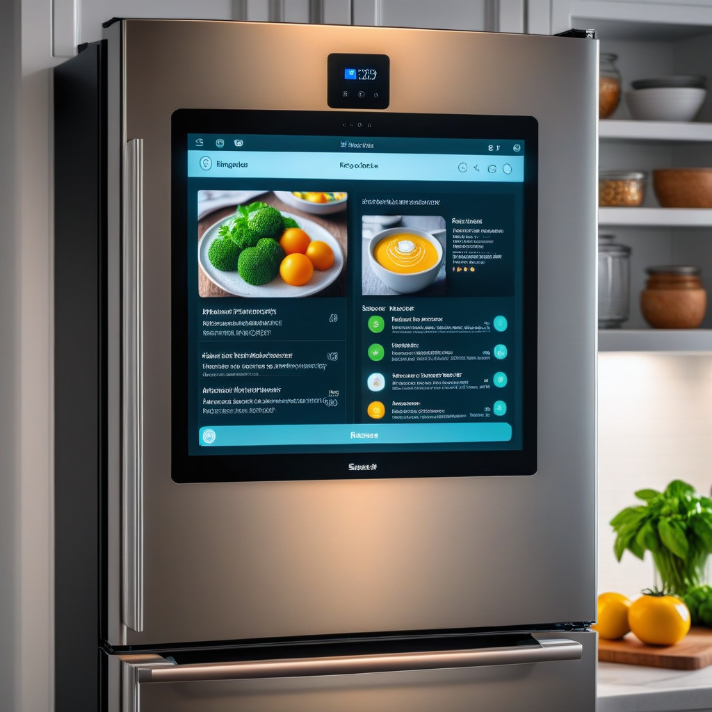 Умный холодильник с экраном, на котором показаны рецепты