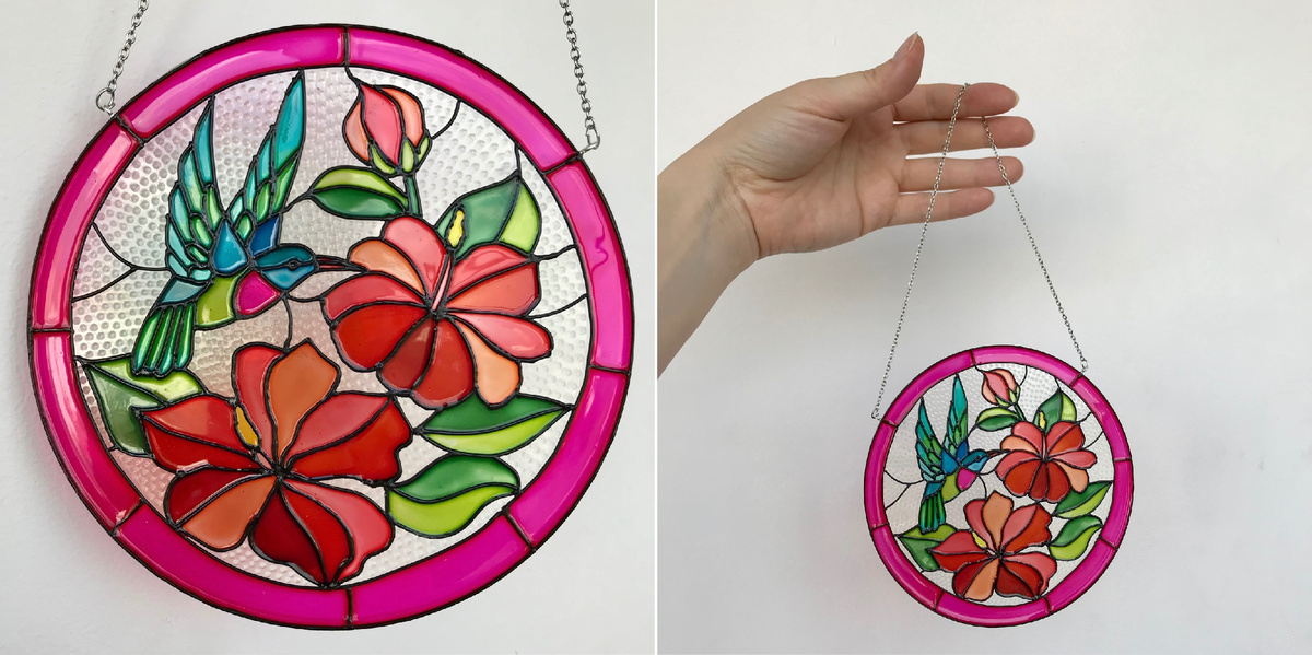 Витражный подвес «Колибри и гибискус»