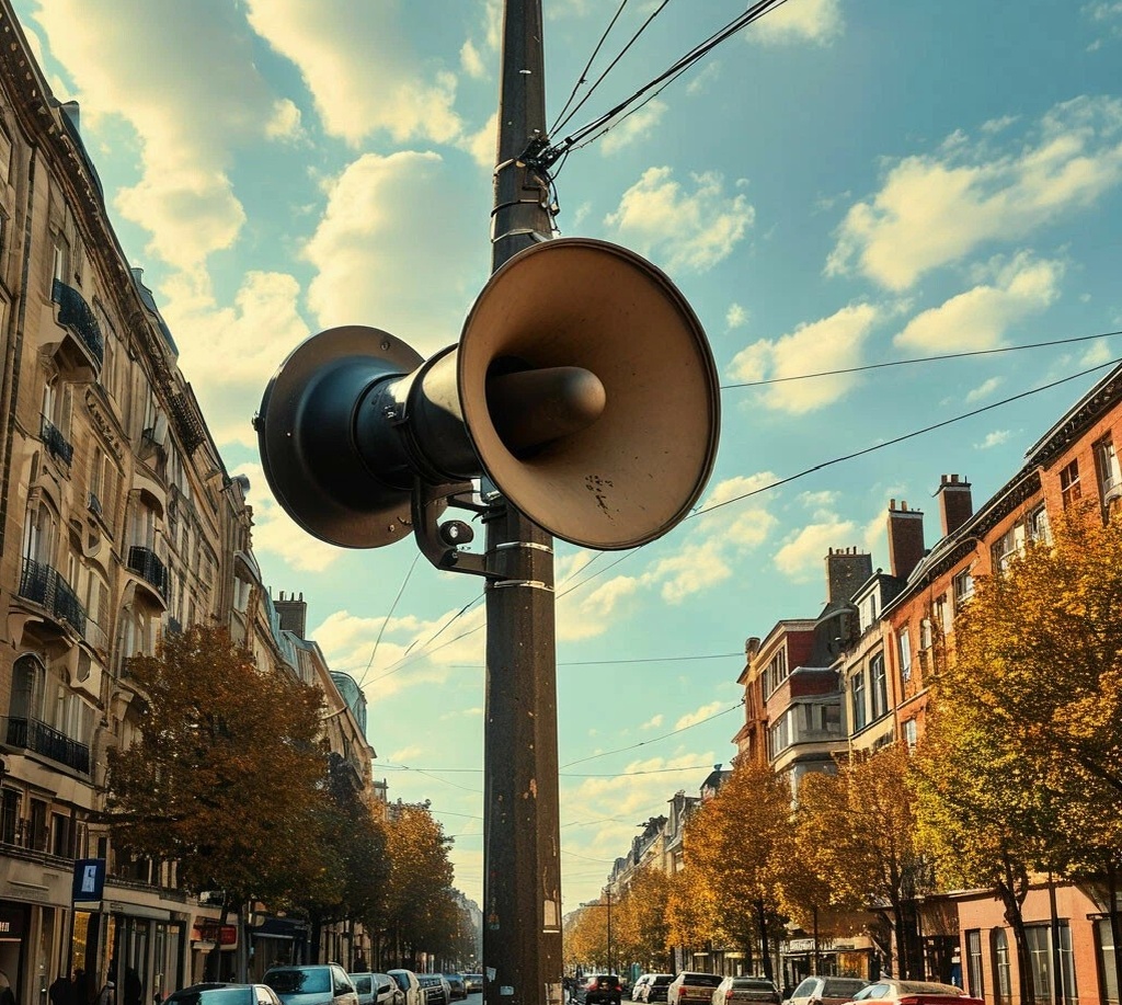 фото создано нейросетью: громкоговорители на улице