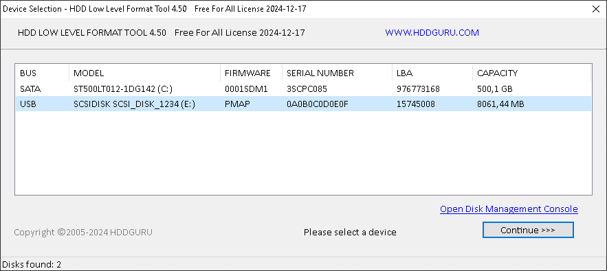 Главное окно утилиты HDD Low Level Format Tool