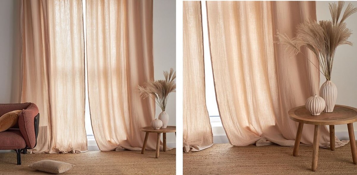 На фото: Штора из муслина бежевого цвета из коллекции Essential