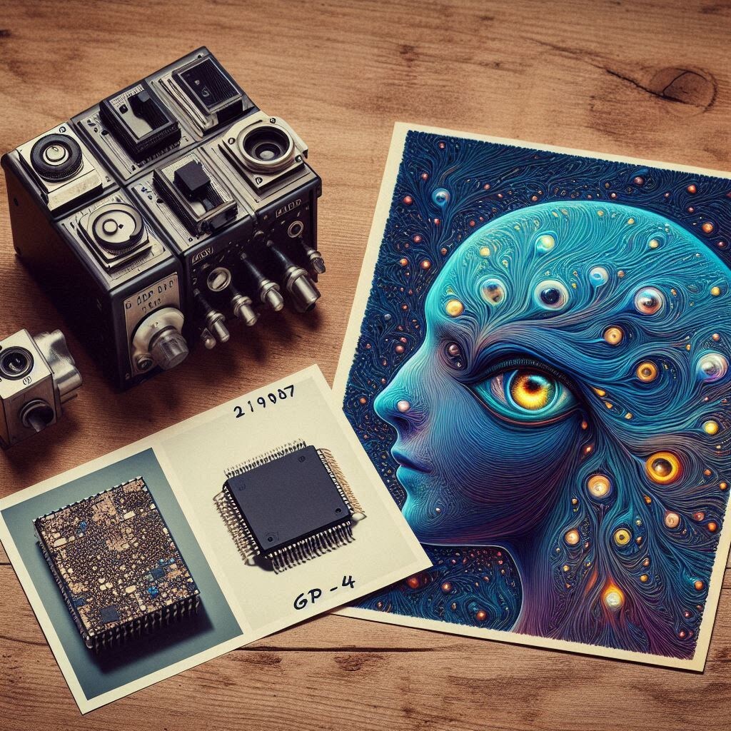 Архивное фото Deep Blue на фоне современного нейрочипа и изображений, созданных DALL-E 2, GPT-4. На фотографии показано сравнение прошлого и настоящего ИИ: слева - громоздкий Deep Blue, справа - миниатюрный нейрочип и яркие примеры творчества современных нейросетей
