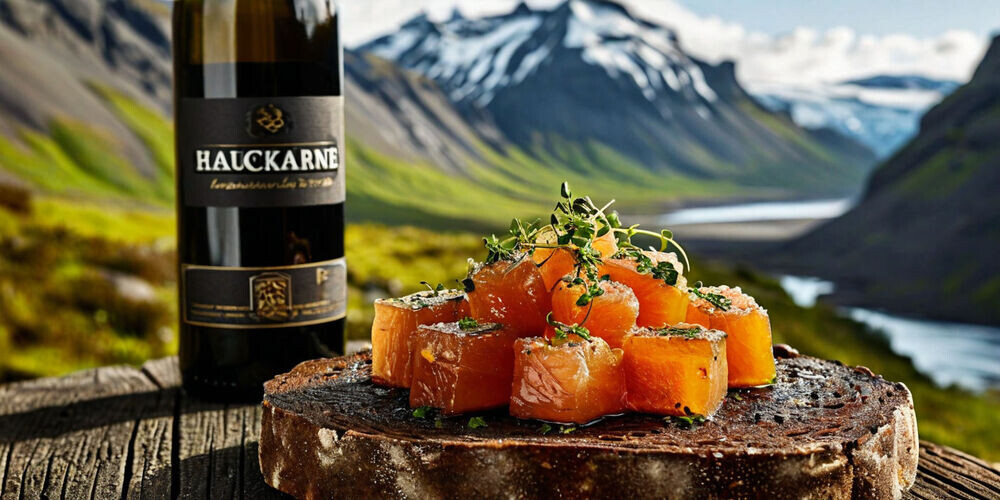     Традиционная подача хаукарля с ржаным хлебом и бреннивином на фоне живописных исландских пейзажей.