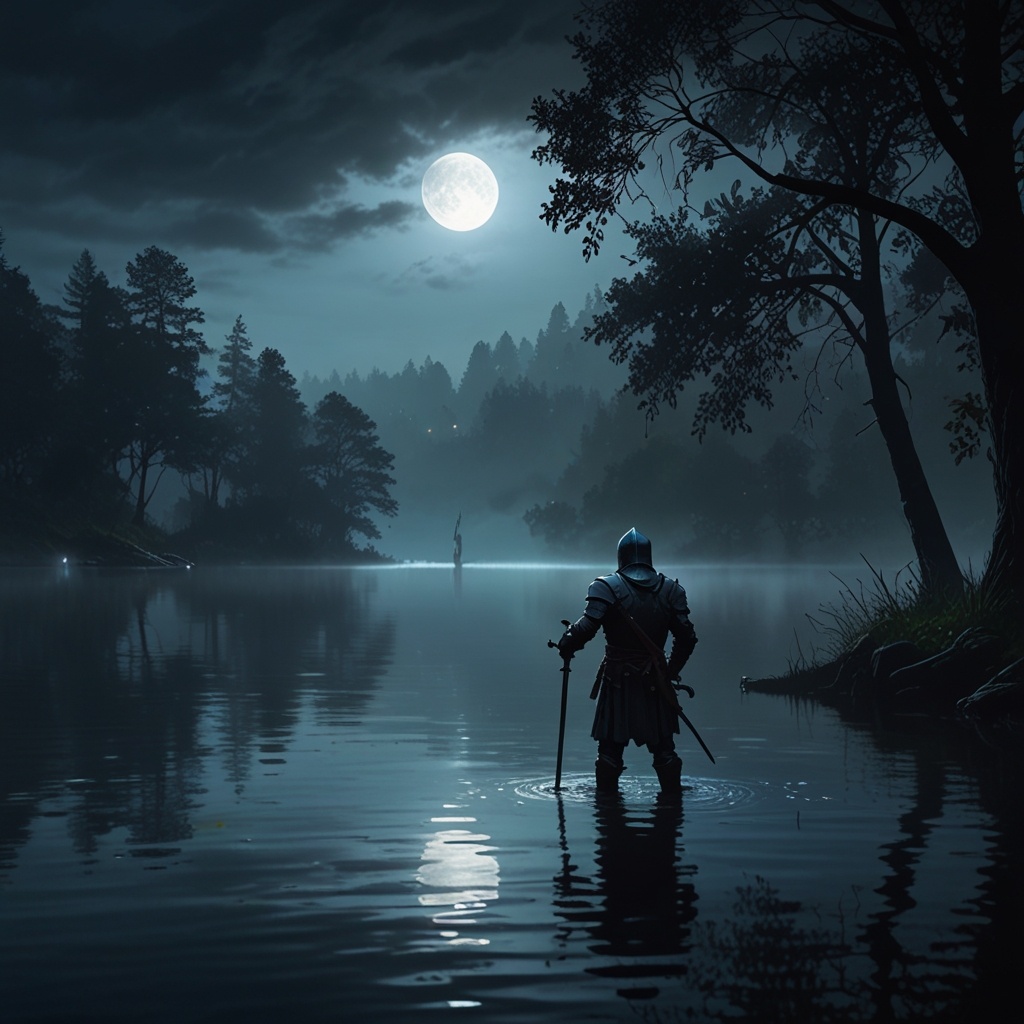 Легендарный Экскалибур и король Артур в воде / ИИ