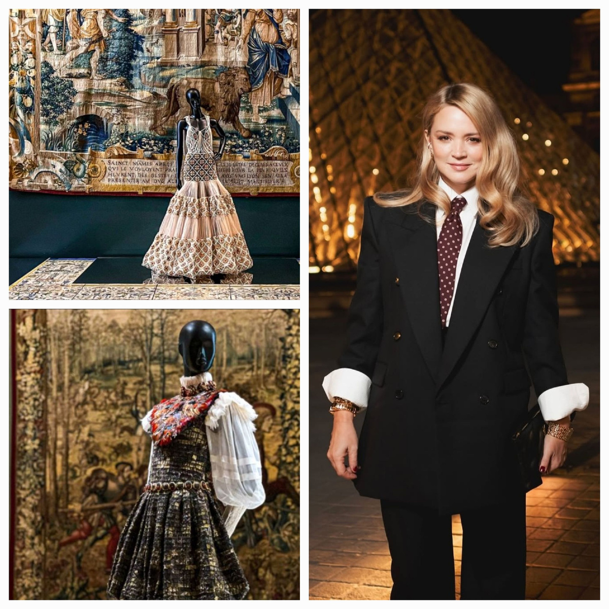 Экспонаты выставки "Louvre Couture" и Виржини Эфира на вечере Le Grand Dîner du Louvre 2025. Материал: Sortir à Paris и Lancôme.