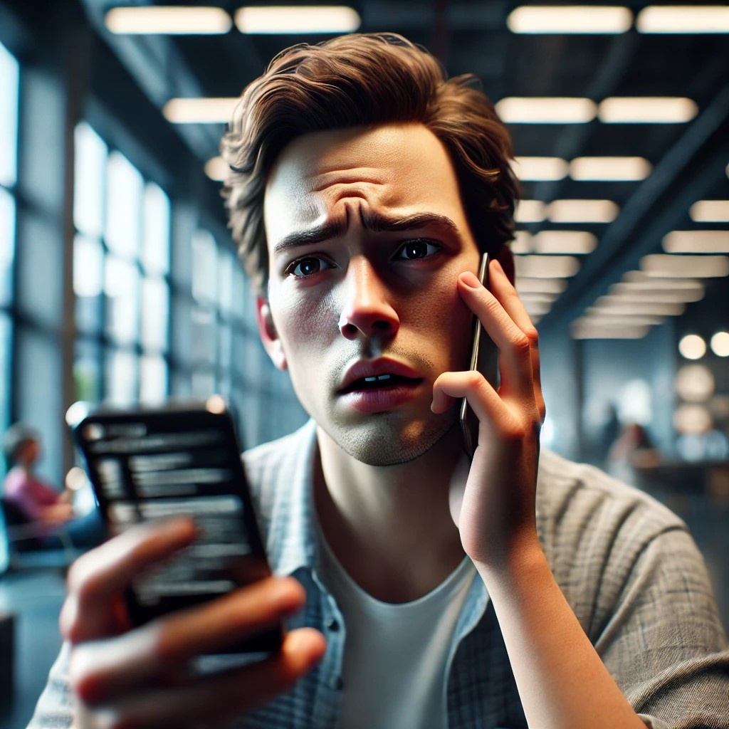📸 Фотография человека с растерянным выражением лица, погруженного в телефон.