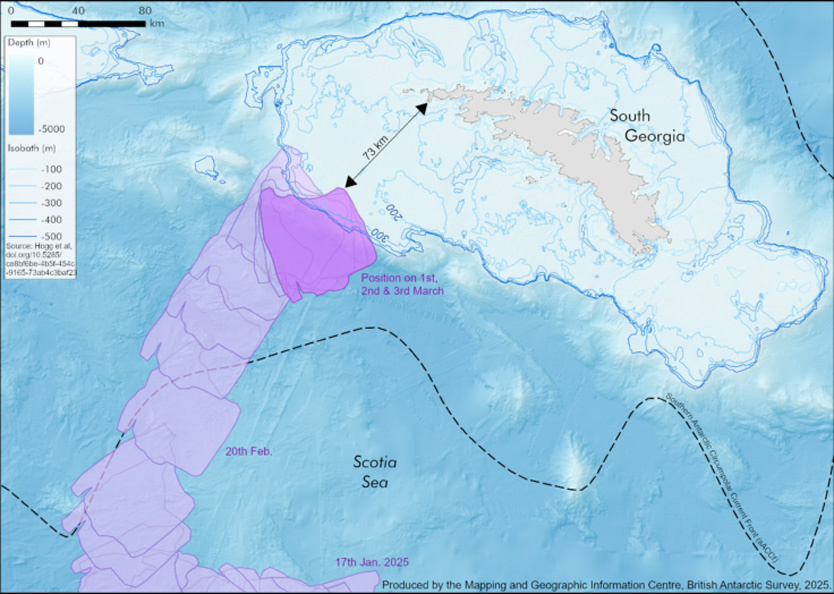 Маршрут айсберга A23a с 17 января 2025 года
Фото: The Mapping and Geographic Information Centre, British Antarctic Survey