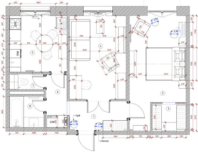 План квартиры после ремонта и установки мебели