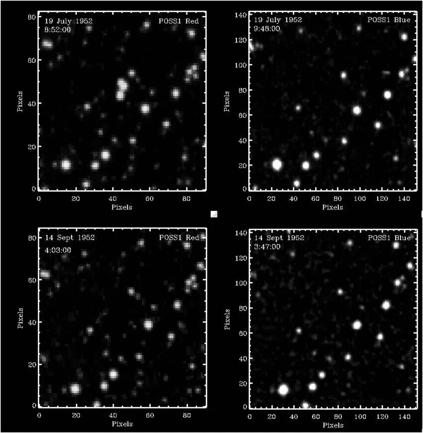 Четыре экспозиции, сделанные в 1952 году. Слева вверху: тройной переходный период чуть выше центра. Справа вверху: снимок, сделанный сразу после этого, не показывает никаких признаков тройного транзиента, который потускнел более чем на 6 звездных величин от своей пиковой яркости в течение 50 минут и оставался незамеченным до конца того года.