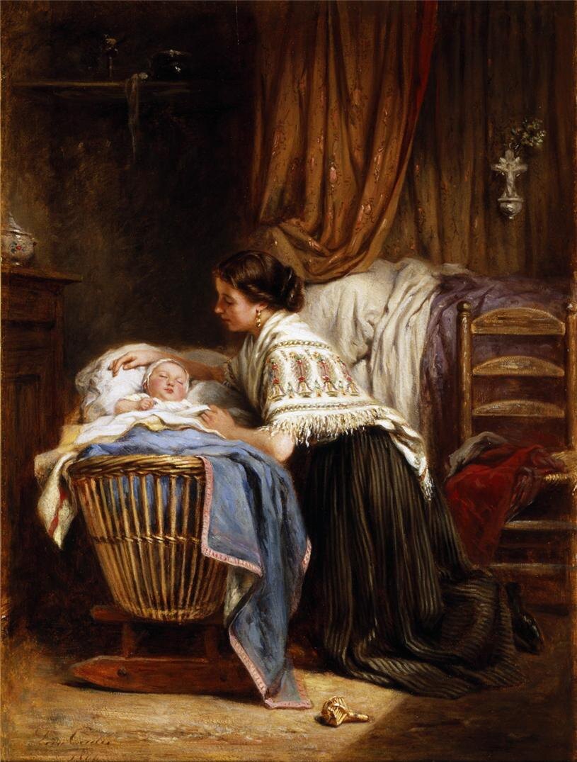 Младенец в колыбели. Живопись