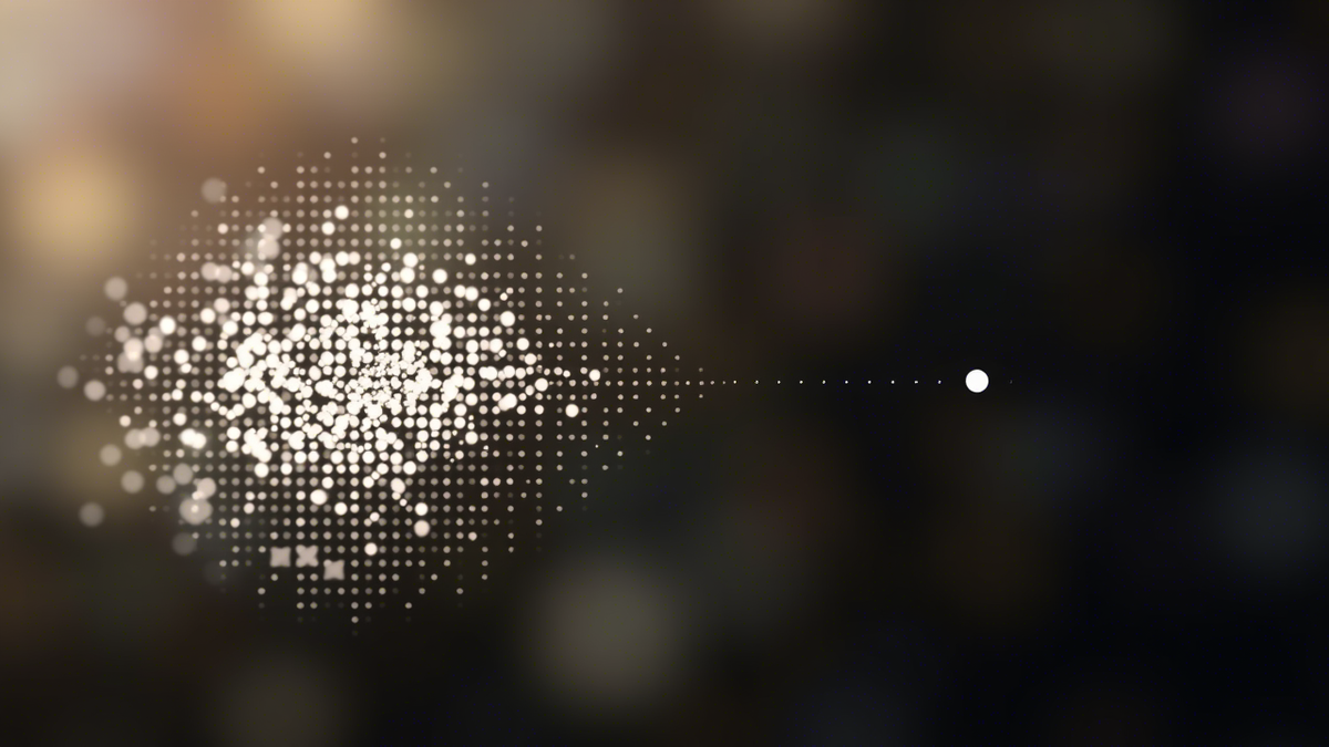 Слева- иллюстрация состояния суперпозиции точки - она находится во всех возможных местах сразу. Справа состояние это точки когда ее измерили, например посмотрели на нее - она сразу же схлопывается до одного варианта из всех возможных. Куда деваются остальные варианты и как частица (точка) выбирает какое именно положение занять из возможных,, на данный момент одна из основных загадок квантовой физики.