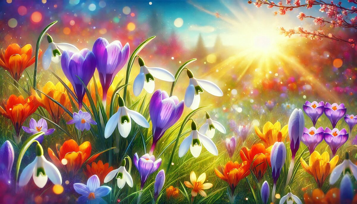 Весеннее доброе утро в лесу: восход солнца над цветочной поляной