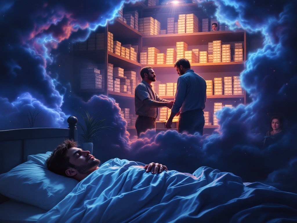    К чему такое снится: На картине изображен мужчина вместе со своим покойным отцом, которые стоят в комнате, заполненной полками с пачками денег. Они аккуратно укладывают деньги на полки.