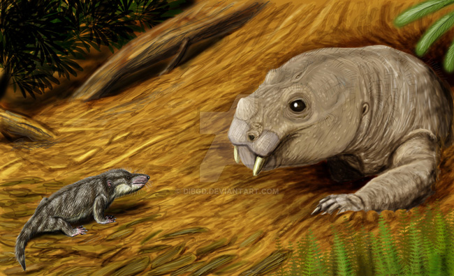 Двиния и дицинодон фортунодон, реконструкция Дмитрия Богданова