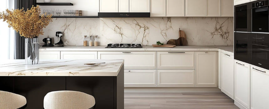 Кухня с фартуком из мрамора