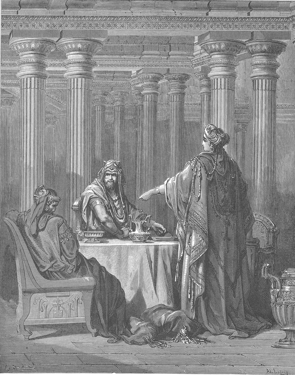 Густав Доре. Эсфирь обвиняет Амана. Гравюра на дереве. 1866