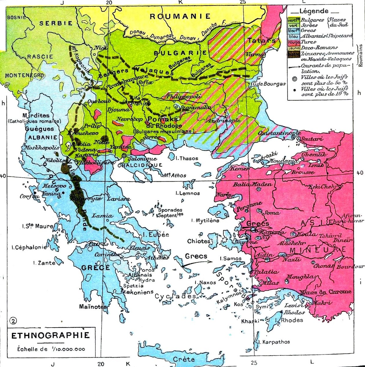 Этнографическая карта Балканского полуострова 1898 года. Светло-голубым отмечена зона, заселённая албанцами.