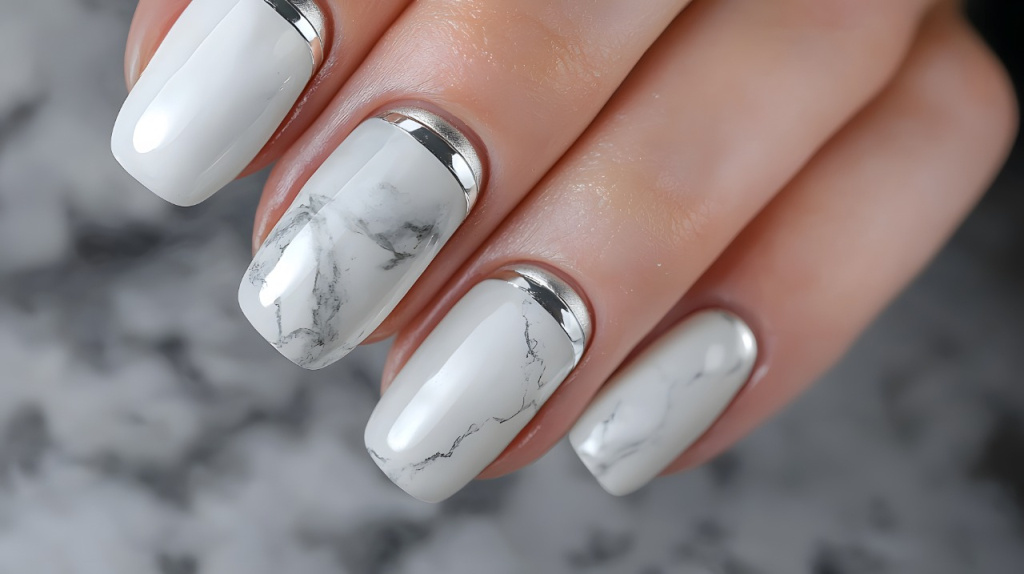 Белый мраморный маникюр фото