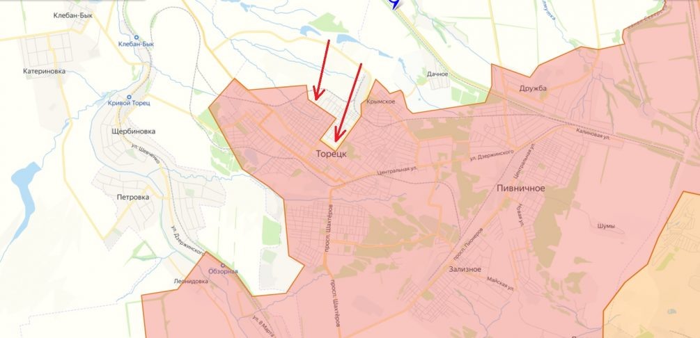    Карта СВО. Предположительные направления прорыва ВСУ в Торецке.