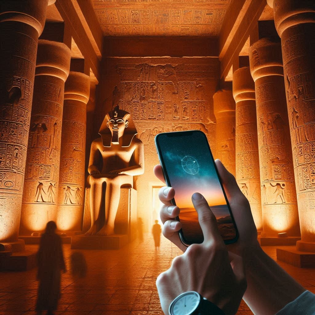человек с гаджетом в древнеегипетском храме.