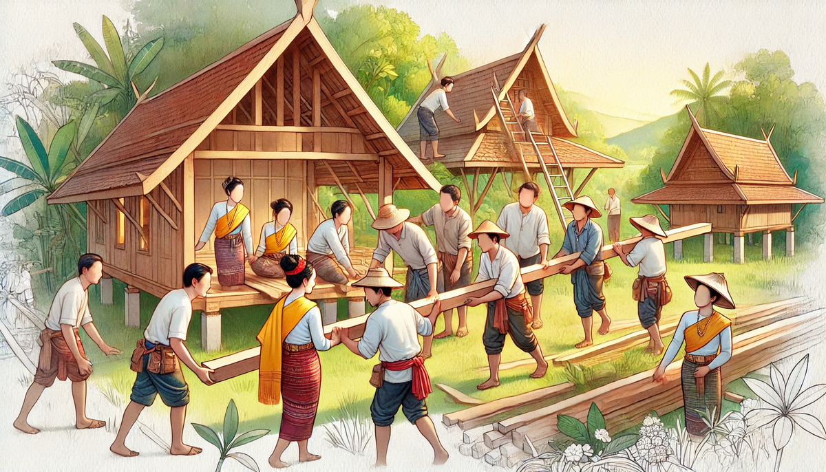 В давние времена постройка дома обычно становилась коллективным занятием. В современном Таиланде эта практика стала редкостью.