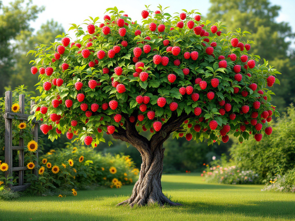 Малиновое дерево — сочетание урожайности и эстетики. Крупные ягоды и мощные побеги делают его главным украшением участка