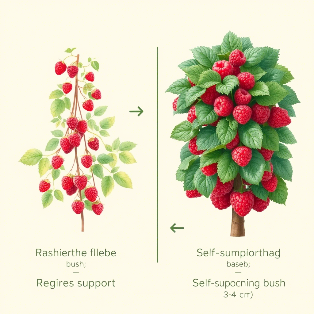 Штамбовая малина (справа) не требует опоры и дает более крупные плоды