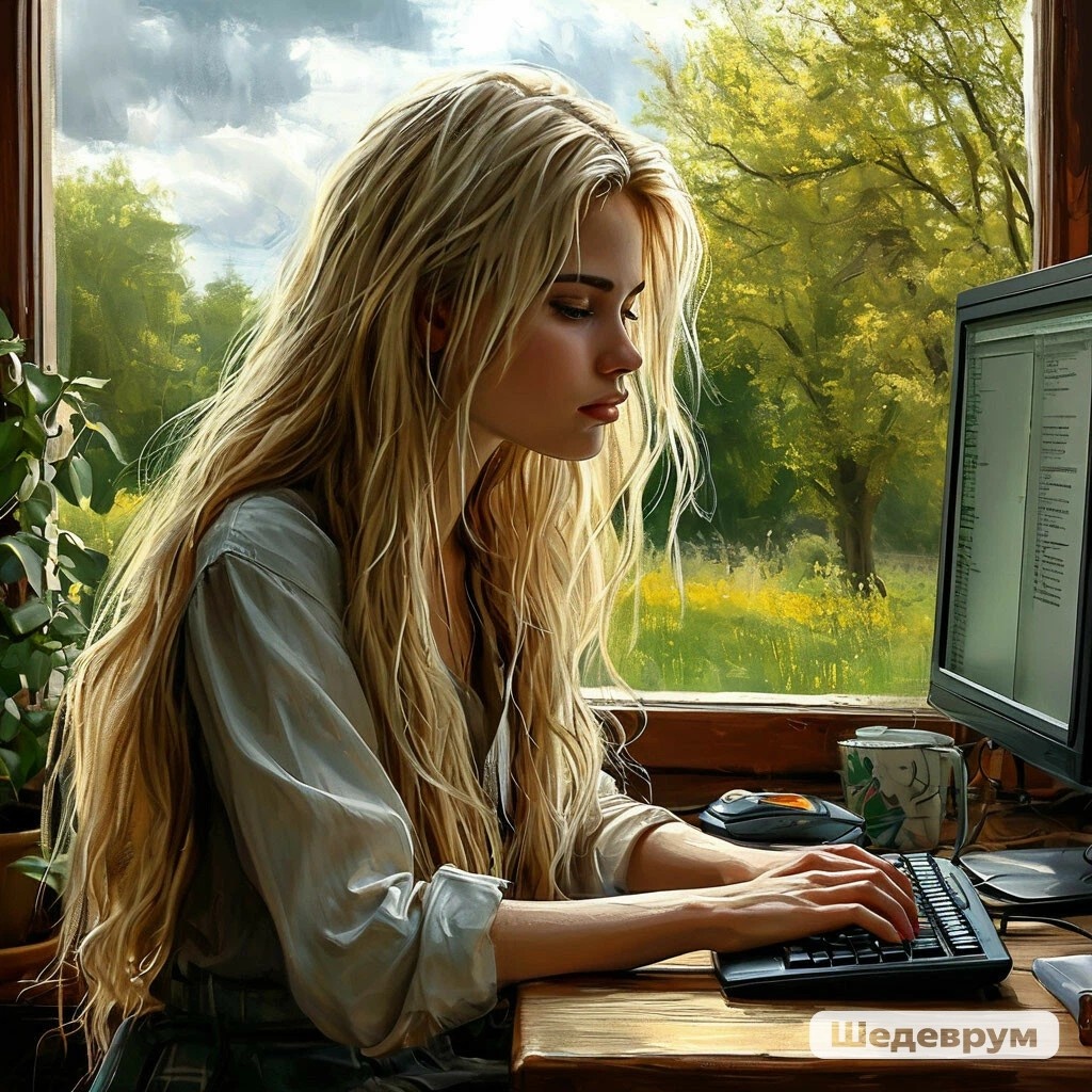 Вика, уставшая, сидит перед компьютером. Нейросеть Шедеврум