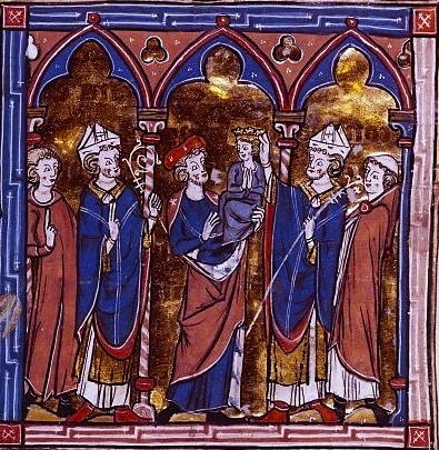 На этой французской миниатюре изображена коронация Балдуина V, состоявшаяся 16 марта 1185 года. Правителем Иерусалимским маленький племянник Прокажённого Короля и сын принцессы Сибиллы пробыл всего неполных шестнадцать месяцев. Источник: https://ru.wikipedia.org/wiki/Балдуин_V_Иерусалимский#/media/Файл:Balduin5.jpg