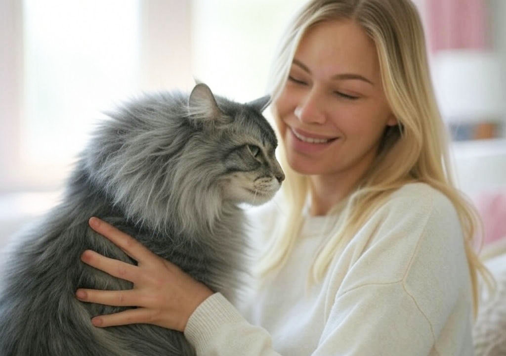 Девушка с длинными светлыми волосами нежно обнимает пушистую серую кошку породы мейн-кун