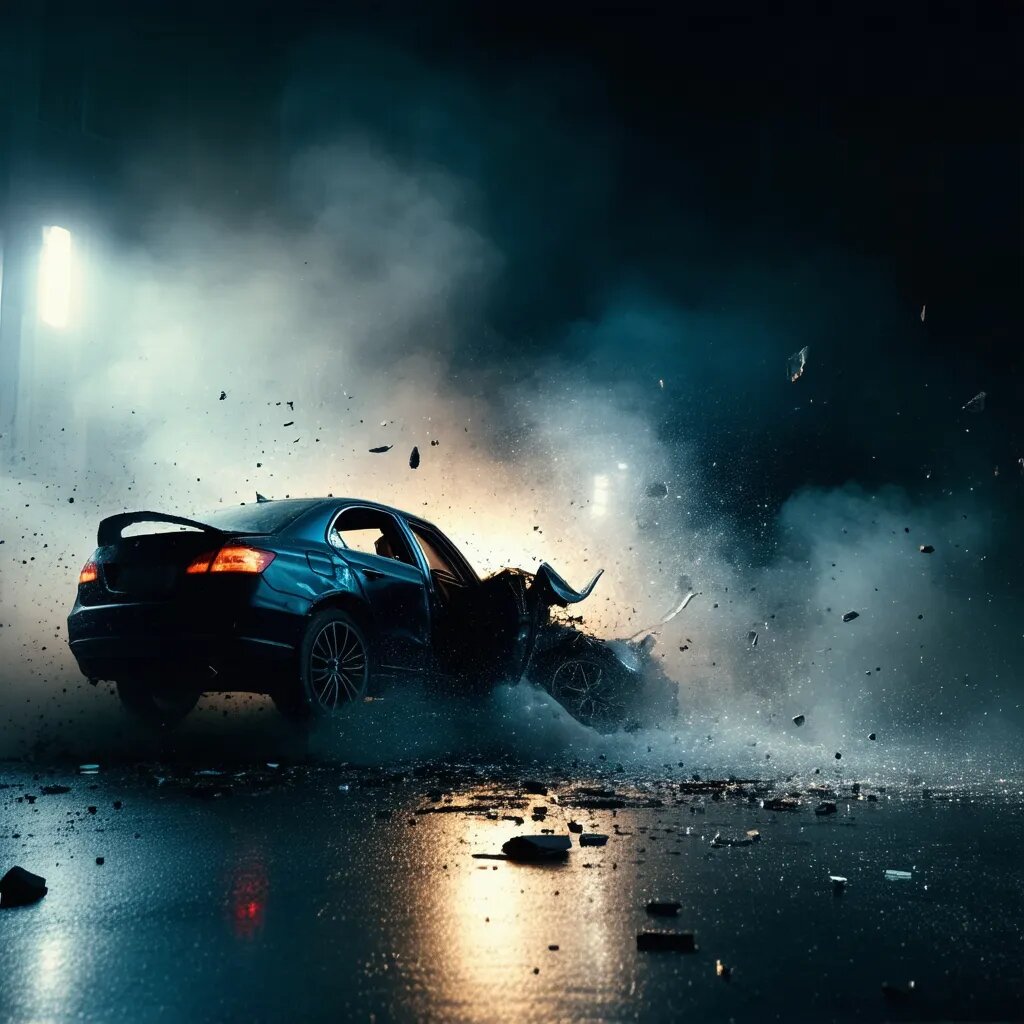 Сцена автомобильной аварии, показанная в драматичном освещении