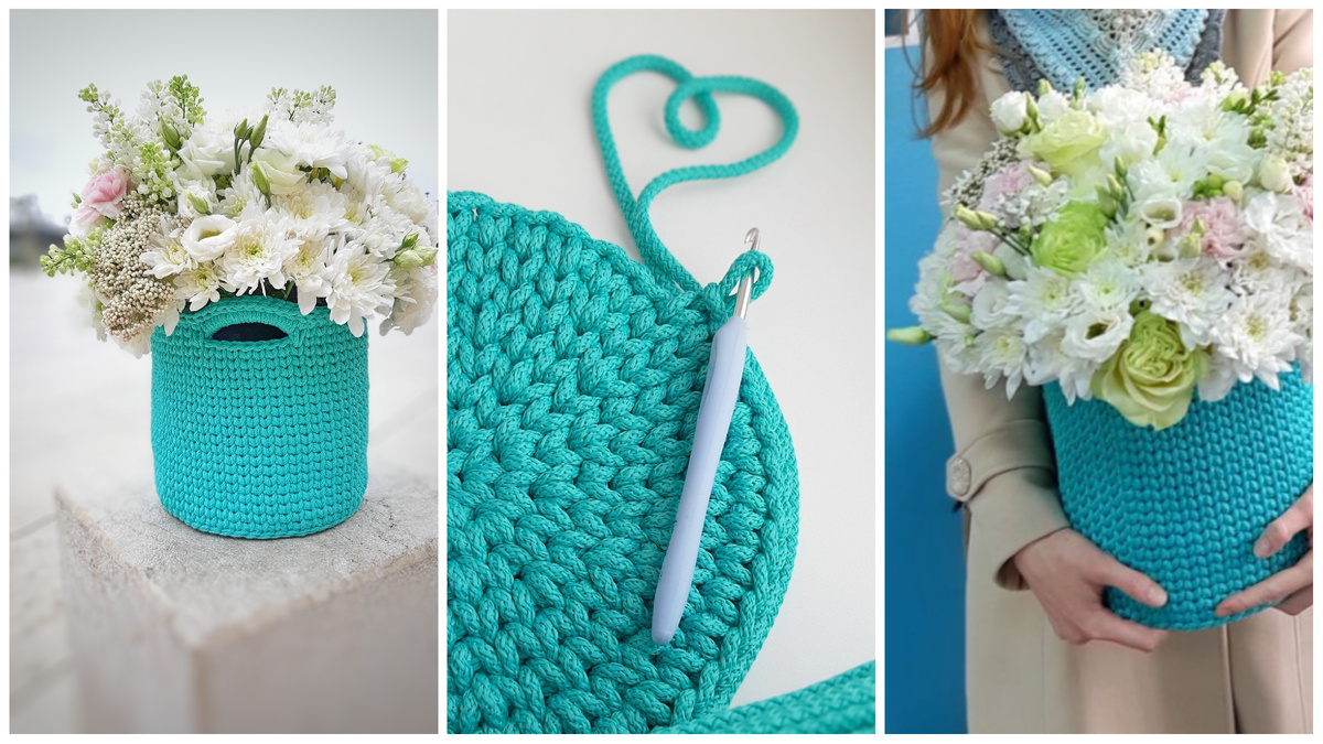 Фото автора: букет цветов в интерьерной корзине ручной работы, связанной крючком из полиэфирного шнура. Где купить такой полиэфирный шнур - ссылка далее по тексту 