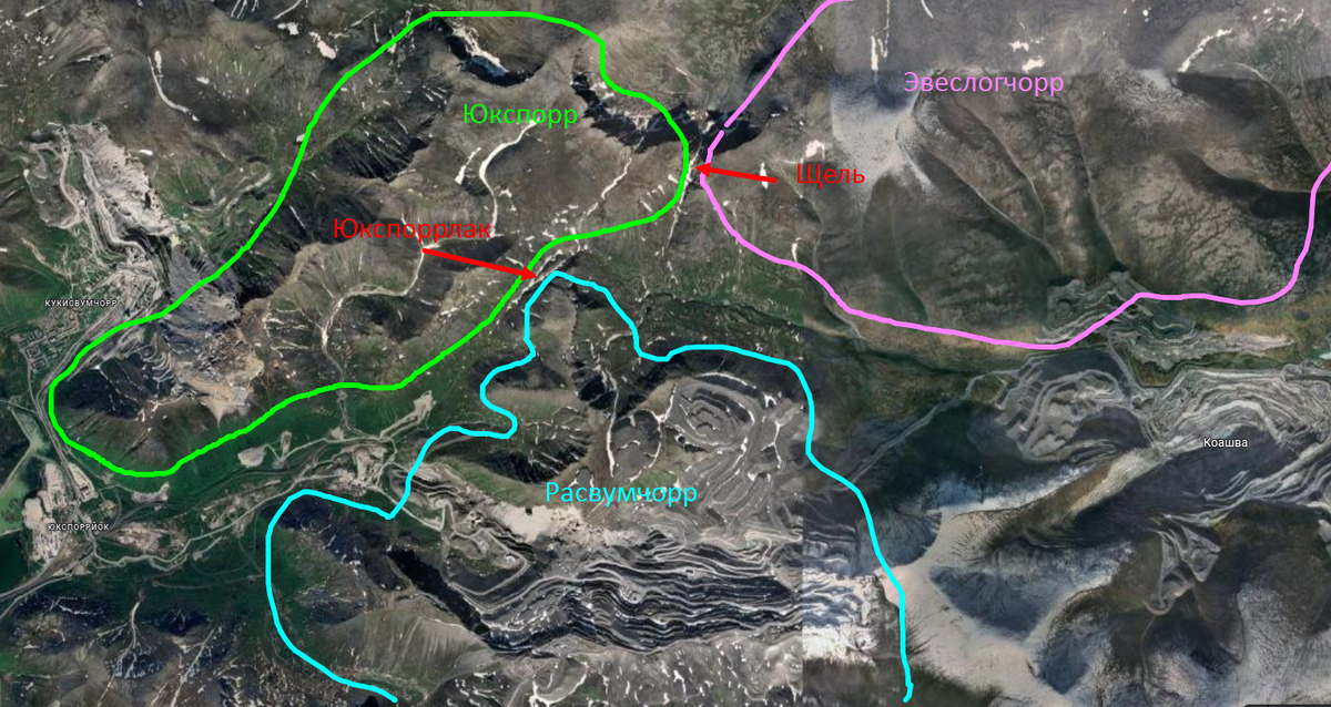 Перевалы Юкспоррлак и Щель на космическом снимке