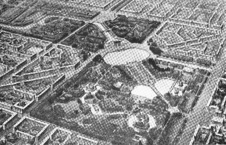 Эскиз Парка Московского района, 1939 – 1940 гг. Архитекторы Н.Н. Устинов и В.М. Бездельников под руководством Е.И. Катонина и Н.В. Баранова./ФОТО из книги «Ленинград. Архитектурно-планировочный обзор развития города» (1943). РЕПРОДУКЦИЯ АВТОРА