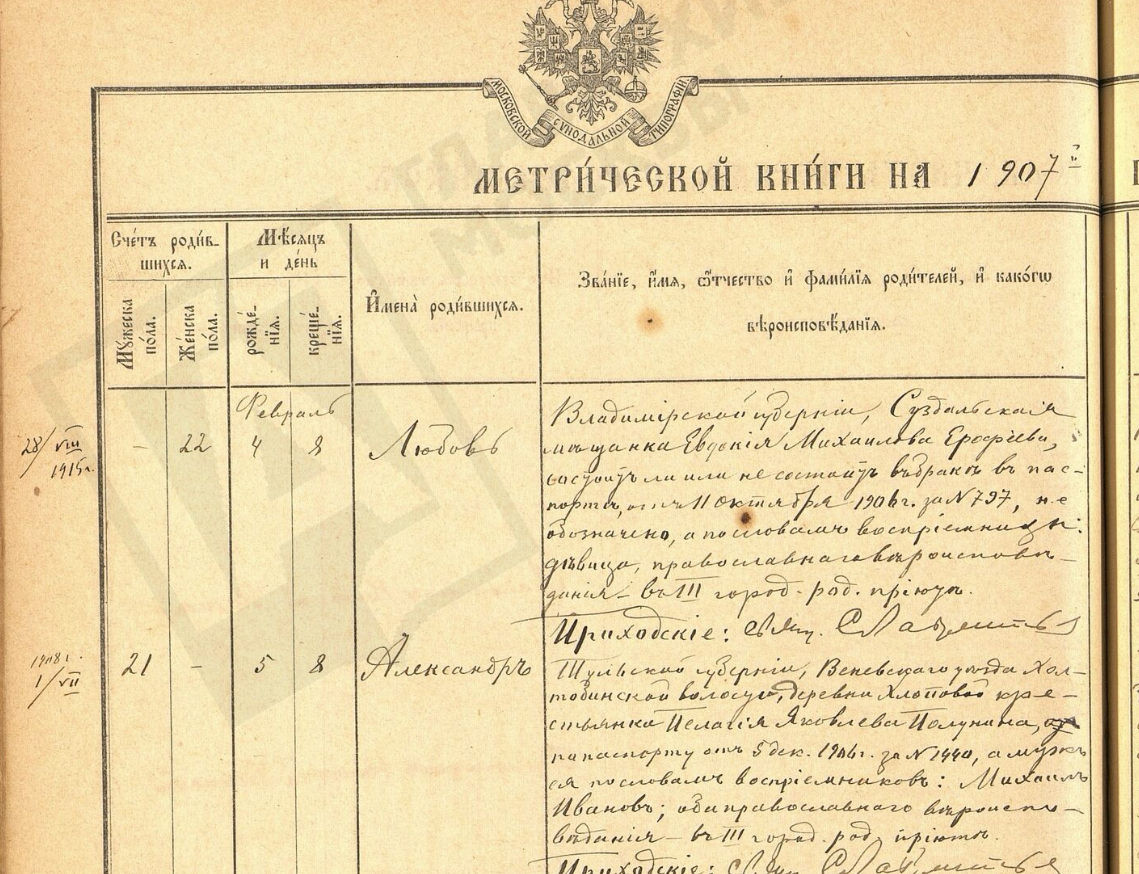 Метрическая запись о рождении Александра Михайловича Полунина ЦГА Москвы Фонд 2121, опись 2, дело 120