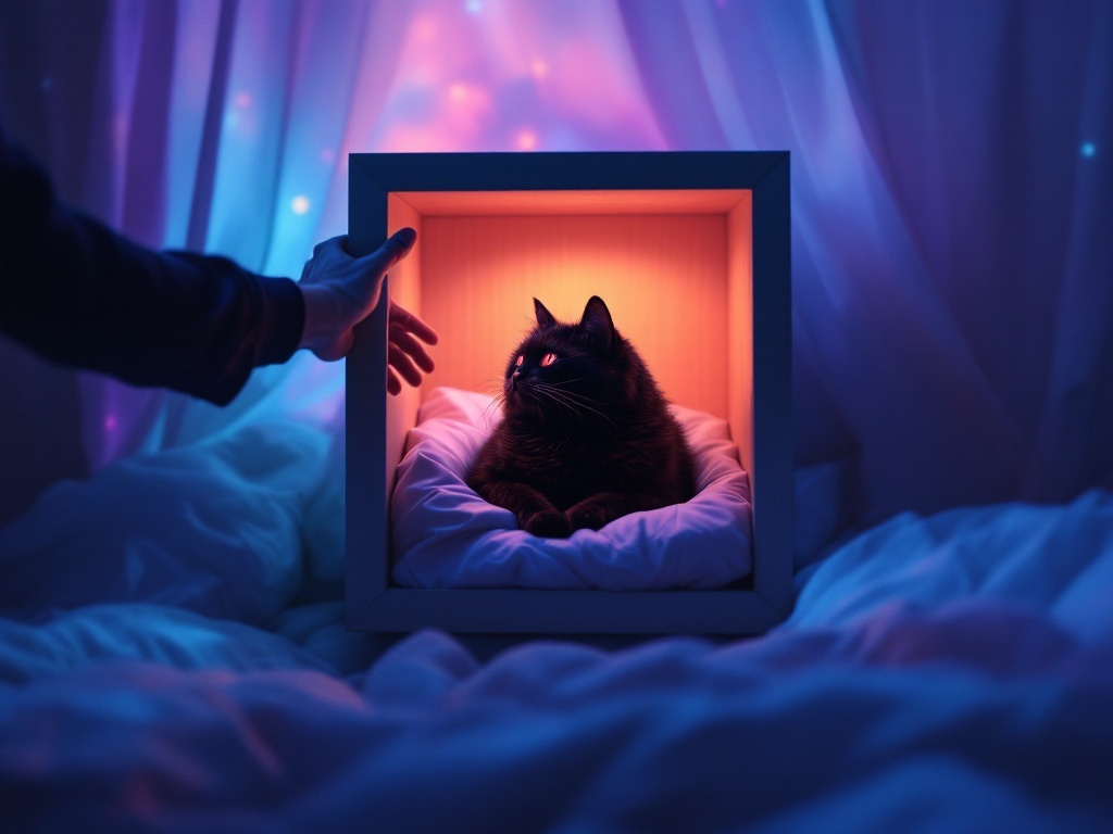    К чему такое снится: Я нарисую сцену, где человек пытается погладить большого черного кота с красными глазами, который сидит внутри светлой деревянной квадратной тумбочки. Кот отталкивае