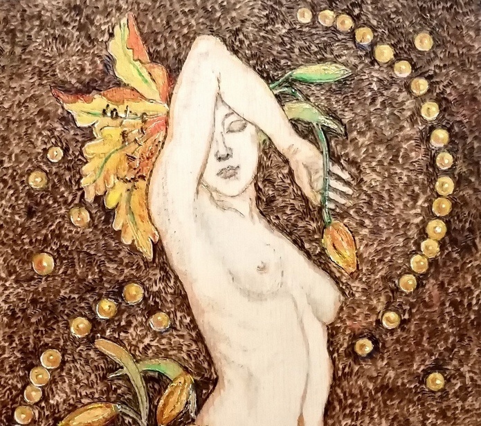 фрагмент картины Нежность лилии, ручное выжигание по дереву, худ. Любовь Прусик