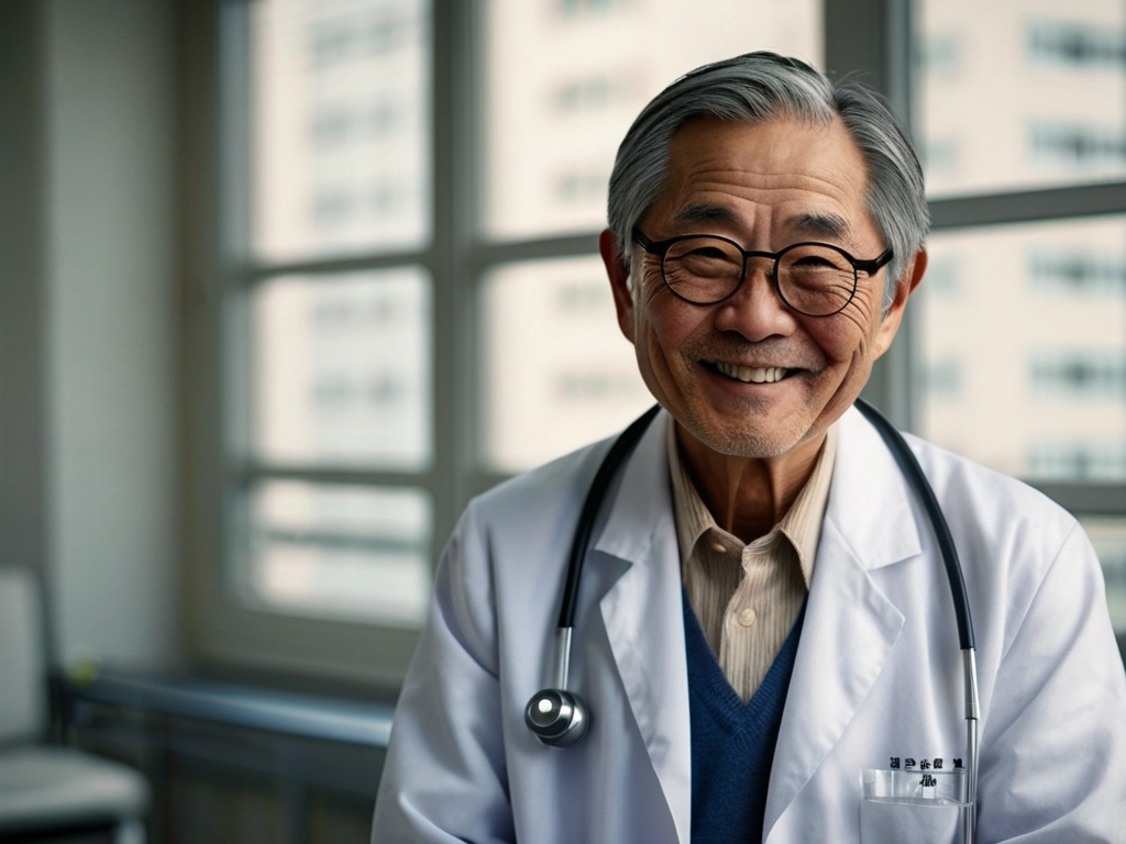 Фотография Сигэаки Хинохары — японского врача, дожившего до 105 лет. Улыбающийся доктор в белом халате на фоне больницы. Узнайте его секреты долгой и счастливой жизни!