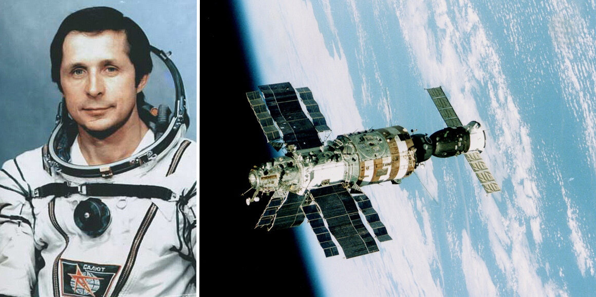 Виктор Савиных и орбитальная станция Салют-7 с пристыкованным космическим кораблём Союз-Т. Фото из архива Виктора Савиных