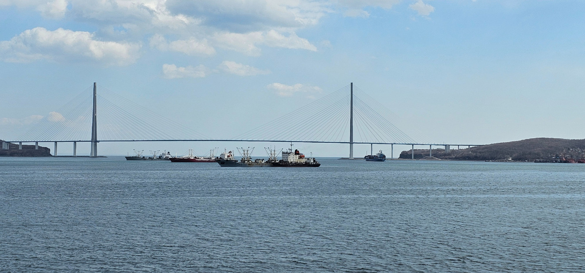 Корабли на фоне Русского моста.