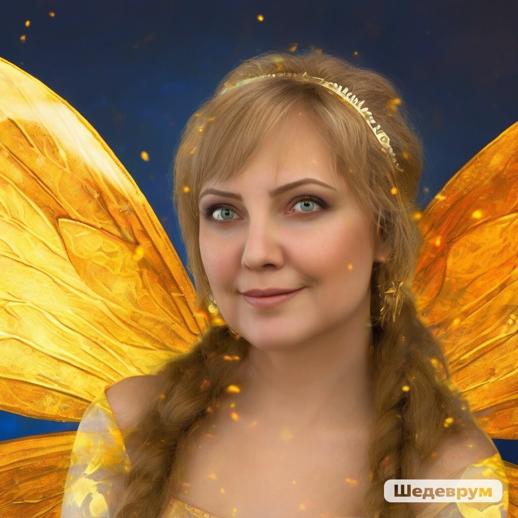 Это искусственный интеллект так видит меня при запросе "я фея". Картинка сделана на основе моего реального фото в прилодении Шедеврум.