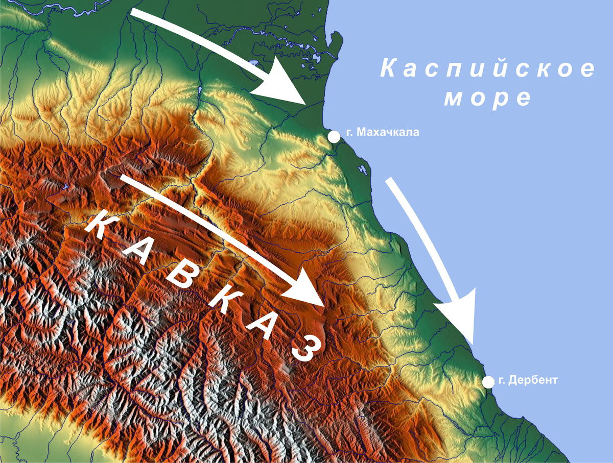 Рис. 1. Направление движения водных потоков Потопа на Северном Кавказе.