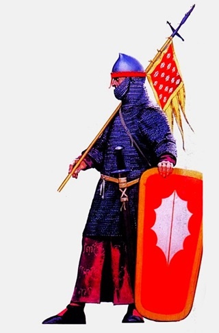 Пеший профессиональный воин государств Латинского Востока (последняя четверть ХII века). Источник: Донец И. Битва при Хаттине 1187 год // Военно-исторический альманах «Новый солдат», 2002. – №12. Цветная иллюстрация 